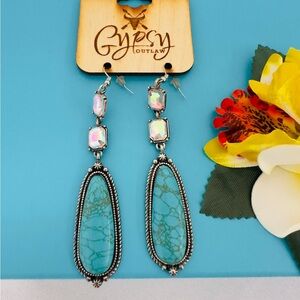 GYPSY OUTLAW ~ Silver Toned Drop Earrings w/Faux Turquoise & Iridescent Stones